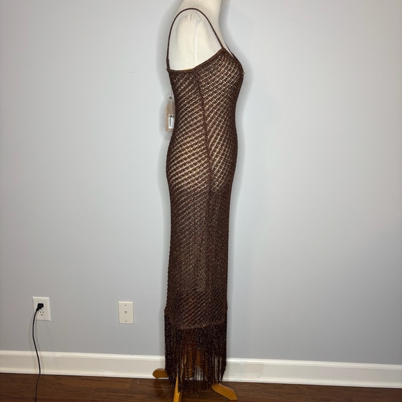 Meshki - Brown Metallic Knit Fringe Midi Dress - Picture 3 of 5
